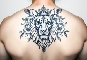 powerful majestic lion with a crown, surrounded by floral ornaments and birds tattoo idea