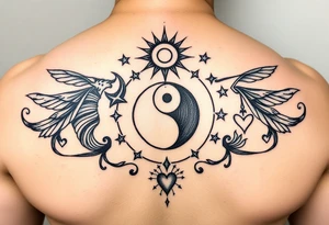 Gemini, sagittarius, yin and yang, sun and moon, with stars, and hearts tattoo idea