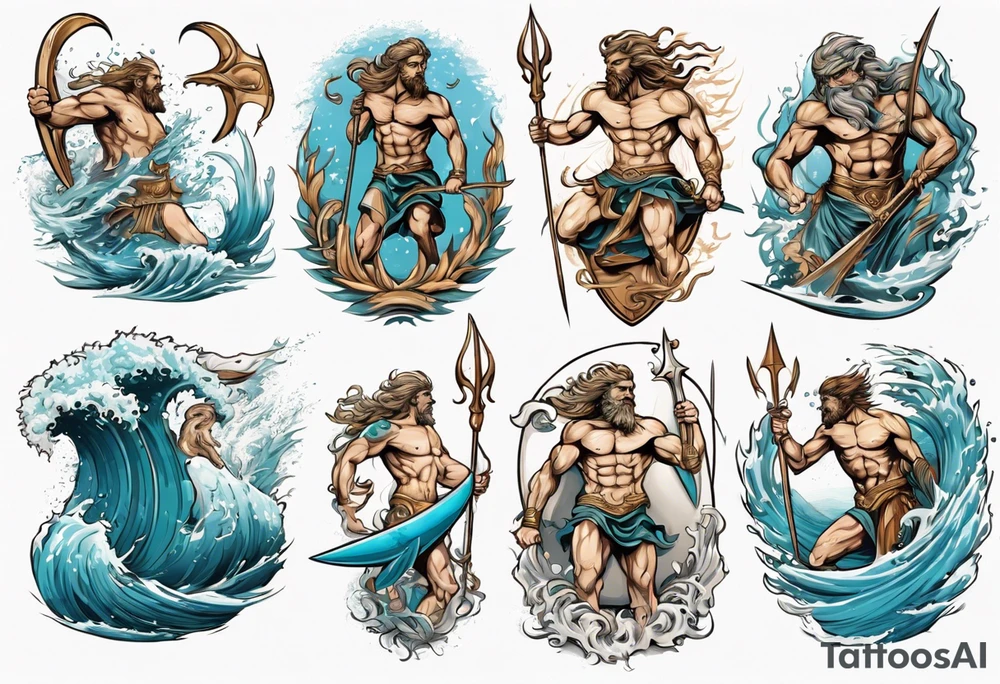 Ancient Greek gods of the sea fighting with surfer and trident tattoo idea