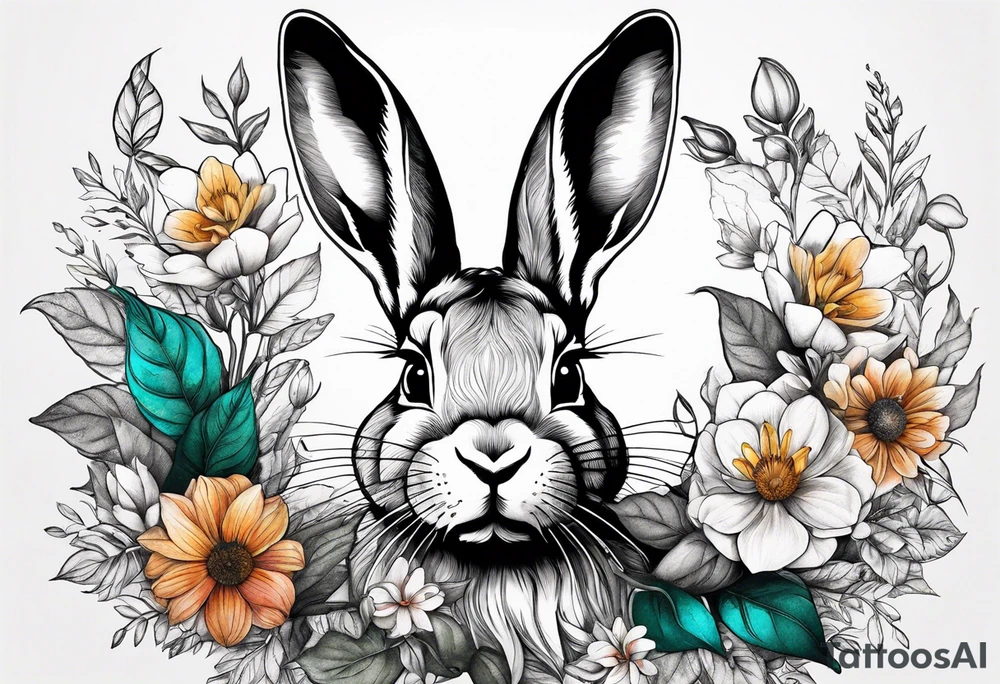 Realistic rabbit head in the middle of realistic flowers and leaves tattoo idea