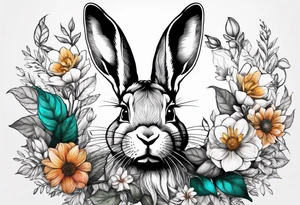 Realistic rabbit head in the middle of realistic flowers and leaves tattoo idea