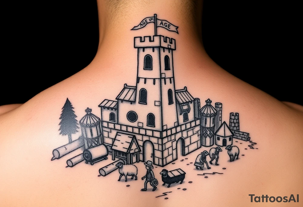 Blackwork or sketch-style tattoo of a medieval Town Center inspired by Age of Empires IV. Around it, include tiny humorous details: villagers carrying oversized resources like giant logs, sheep wandering near the building, and one villager stuck on the roof. Add playful game-inspired elements like a glowing 'Age Up' icon above the Town Center or a banner with the letters 'AOE' hanging from the tower. Light-hearted, fun, and recognizable to Age of Empires fans. Designed for shoulder placement tattoo idea