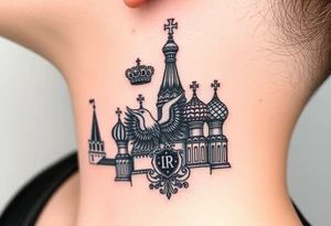 St. George 
3 russian imperial crowns above the Russian coat of arms double eagle
Russian sabre
The Kremlin or St. Basil's Cathedral scene 
on the side of my neck tattoo idea