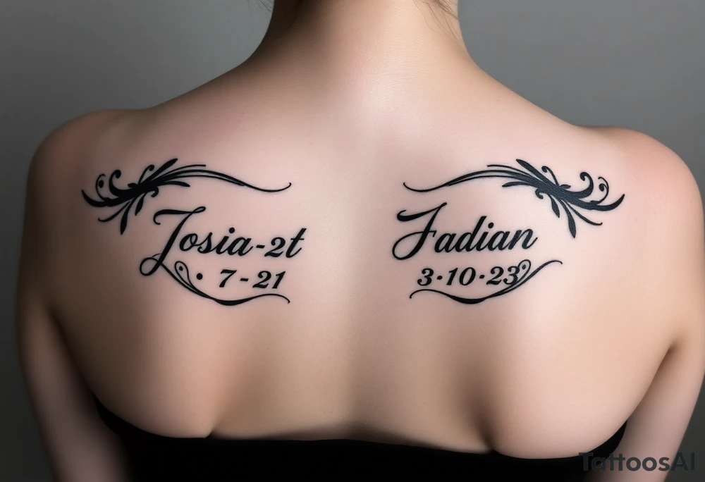 Mother with two sons 1 and half years apart ideas for a women In cursive writing in side crowns the names Josiah   the othe Adian  and thier days numbers in roman numerals josiahs bday is 7-6-21 & Adian is 3-10-23 in roman numerals tattoo idea