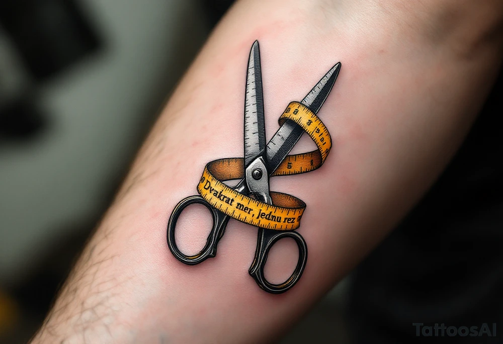 "Dvakrat mer, jednou rez." — A pair of measuring tapes entwined around scissors in steel-gray and yellow, with the phrase running along the blades. tattoo idea