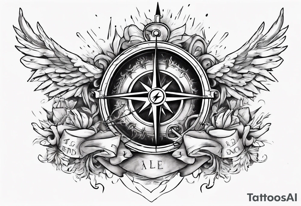 Chest tatoo with sun and letters and compass and angels tattoo idea