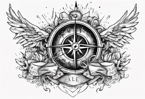 Chest tatoo with sun and letters and compass and angels tattoo idea