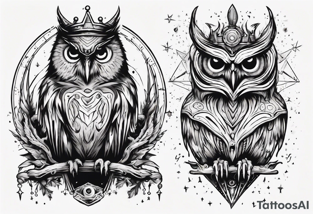 Demon crowned Owl surrounded by cosmic magic  astrology. tattoo idea