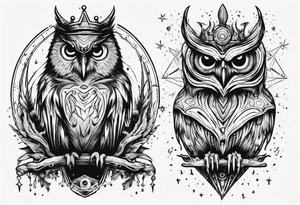 Demon crowned Owl surrounded by cosmic magic  astrology. tattoo idea