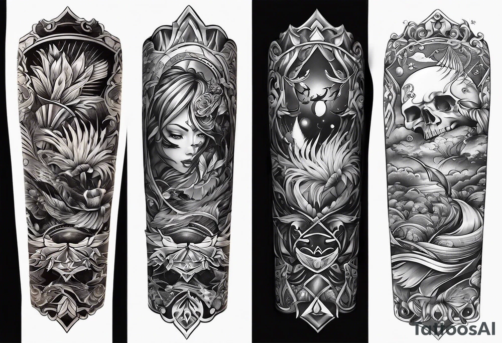 rock a billy Arm sleeve mit verschiedenen Motiven tattoo idea