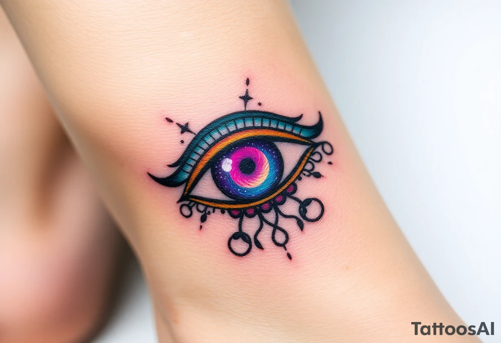 A celestial Eye of Horus with a cosmic galaxy inside the iris, swirling in shades of purple, blue, and gold tattoo idea