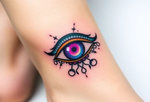 A celestial Eye of Horus with a cosmic galaxy inside the iris, swirling in shades of purple, blue, and gold tattoo idea