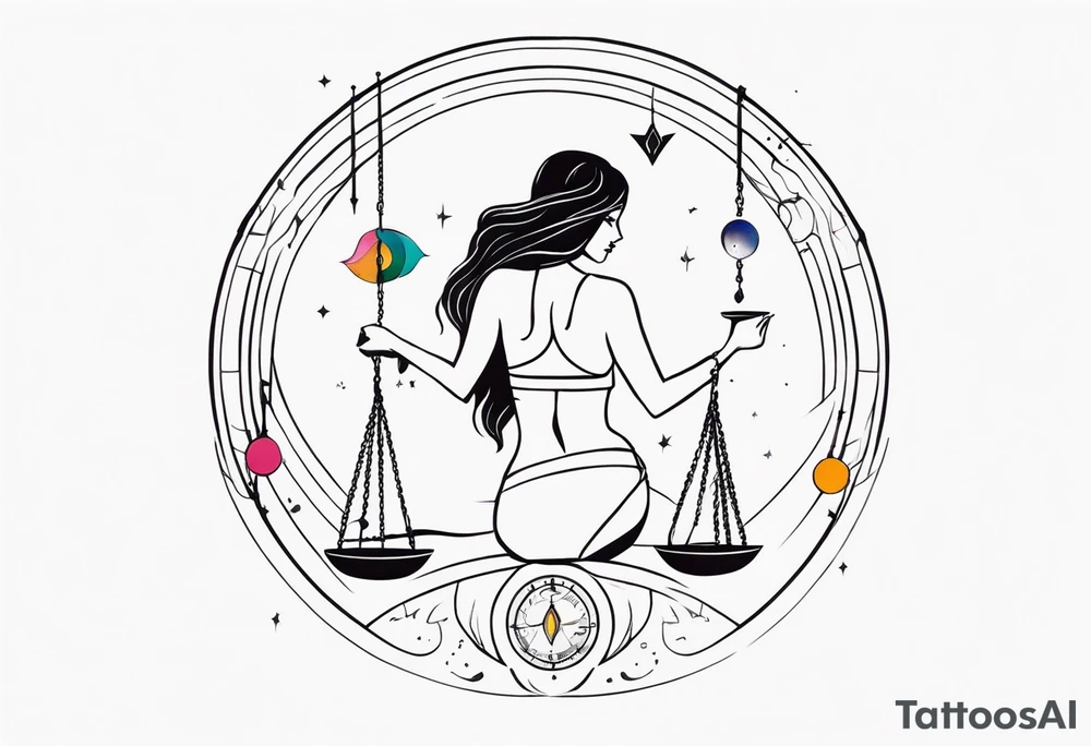Libra woman holding scales with a night zodiac background including a half moon that encircles half of the woman with vibrant colors tattoo idea