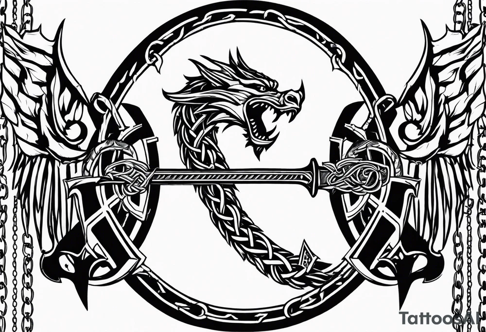 Valhalla sword shield dragon axe Valknut barbed wire chains tattoo idea Valhalla sword shield dragon axe Valknut barbed wire chains tattoo idea