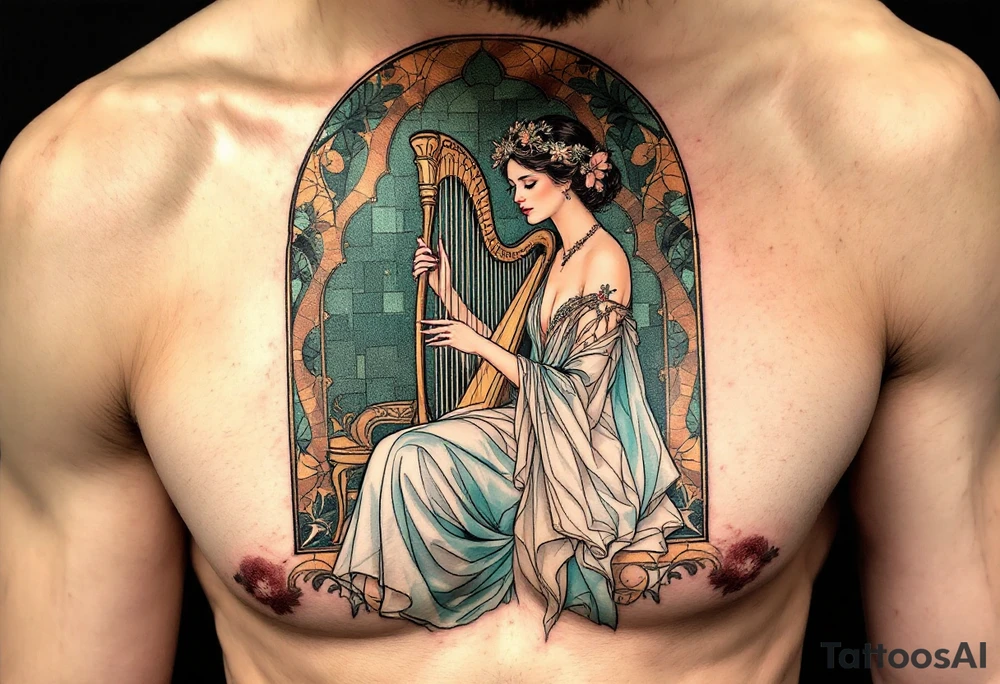 Alfons Mucha’s serene muse playing a harp, in a dress of soft teal and white, framed by an arched mosaic of copper and green. tattoo idea