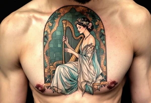 Alfons Mucha’s serene muse playing a harp, in a dress of soft teal and white, framed by an arched mosaic of copper and green. tattoo idea