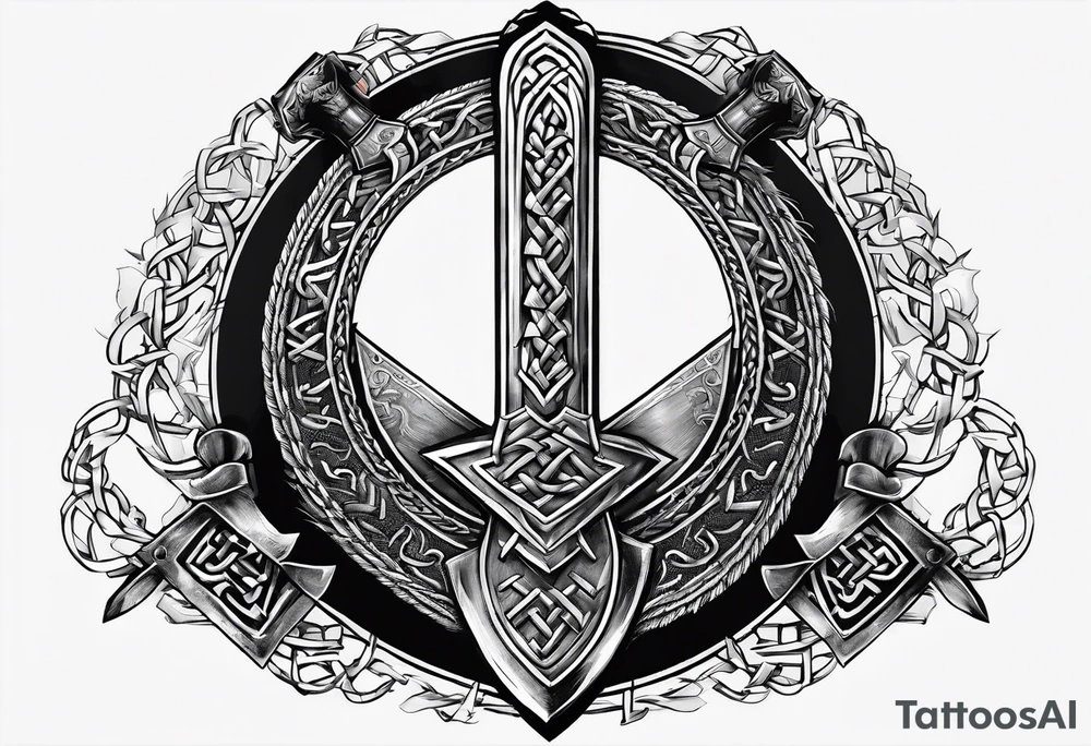 Valhalla  sword shield axe barbed wire chains valknut tattoo idea
