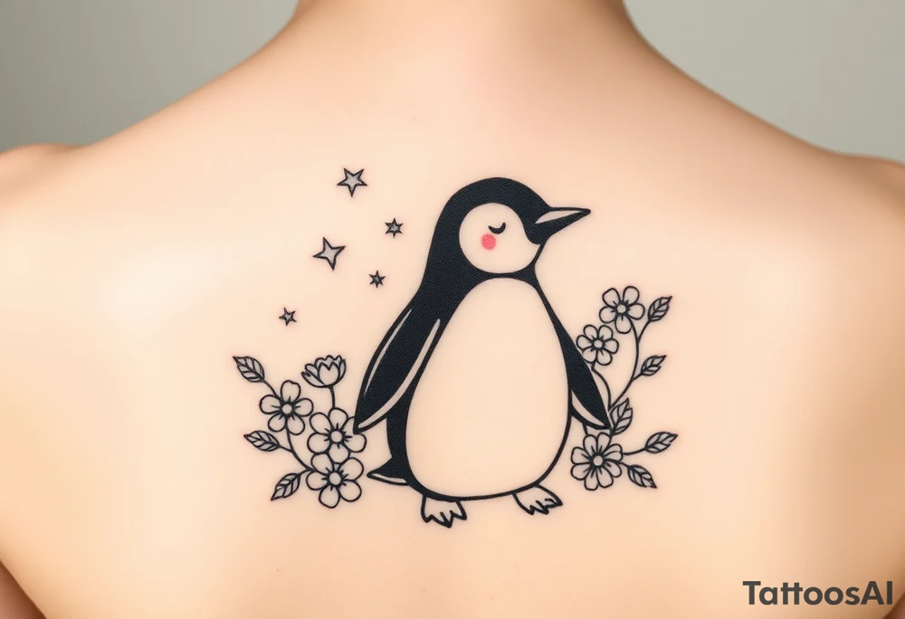 Penguin with stars and flowers black ink
Matching w someone tattoo idea