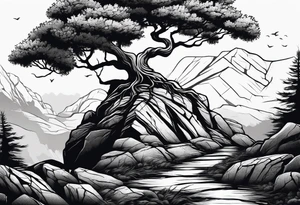 Tree growing out of stone cliff with roots growing in between cracks tattoo idea