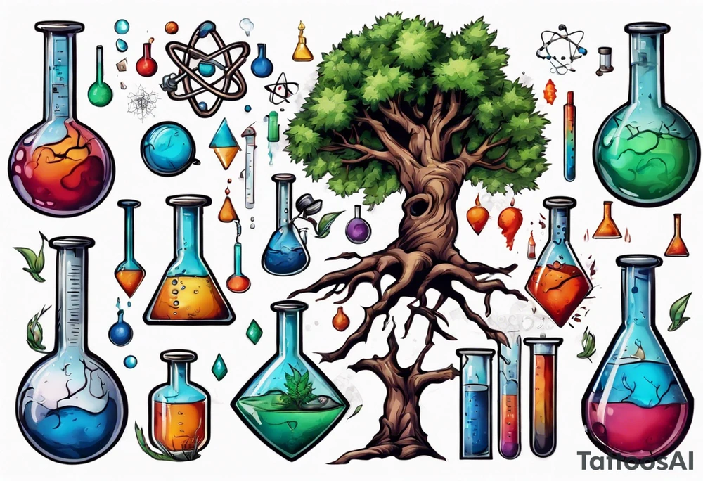 Tree with Chemistry items such as flasks and beakers filled with chemicals tattoo idea