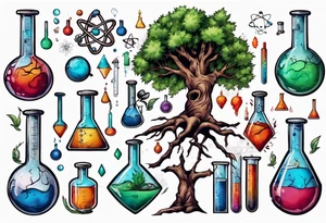 Tree with Chemistry items such as flasks and beakers filled with chemicals tattoo idea