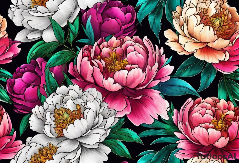 colorful peonies bouquet, neon colored tattoo idea