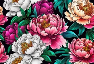 colorful peonies bouquet, neon colored tattoo idea