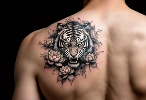 fierce tiger emerging through blooming lotus flowers in mist tattoo idea