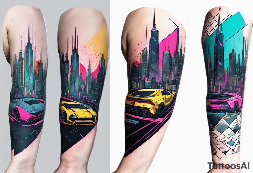 cyberpunk 2077, forearm tattoo, geometric, subtle, men, city skyline, 4k tattoo idea