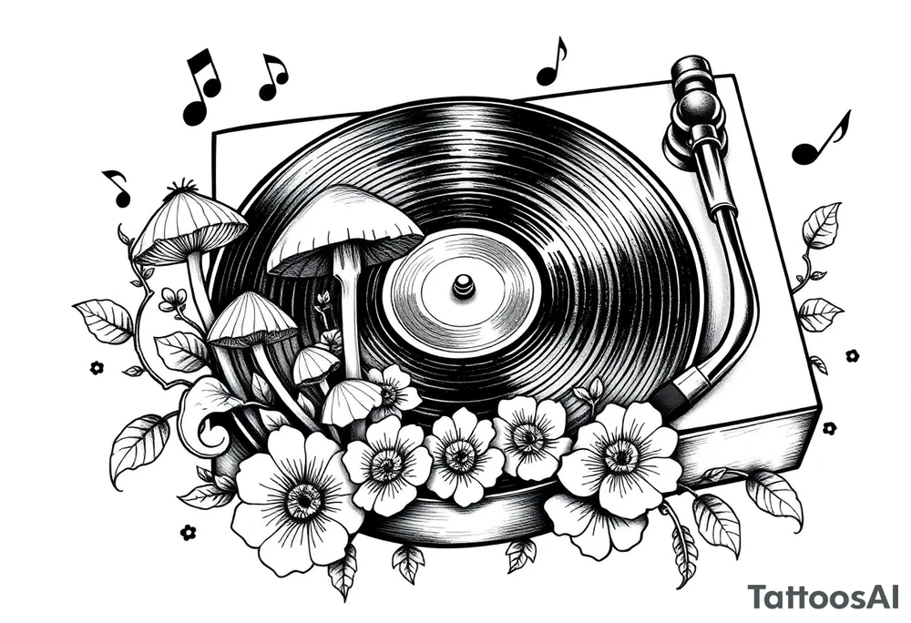 fun vinyl record player with mushrooms, flowers, and music notes around it tattoo idea