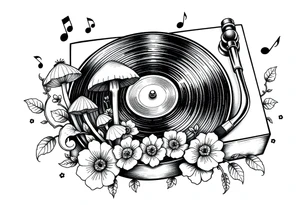 fun vinyl record player with mushrooms, flowers, and music notes around it tattoo idea