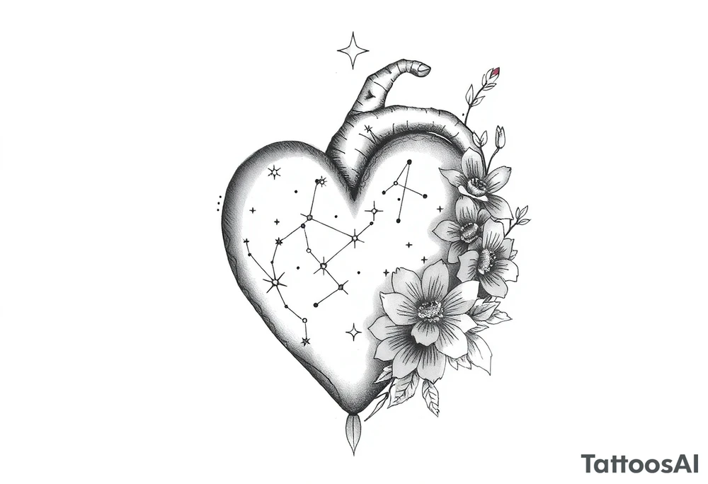 A medium tattoo on my heart including the constellation of Scorpio & Virgo as well as the flowers associated with October & Sperember tattoo idea