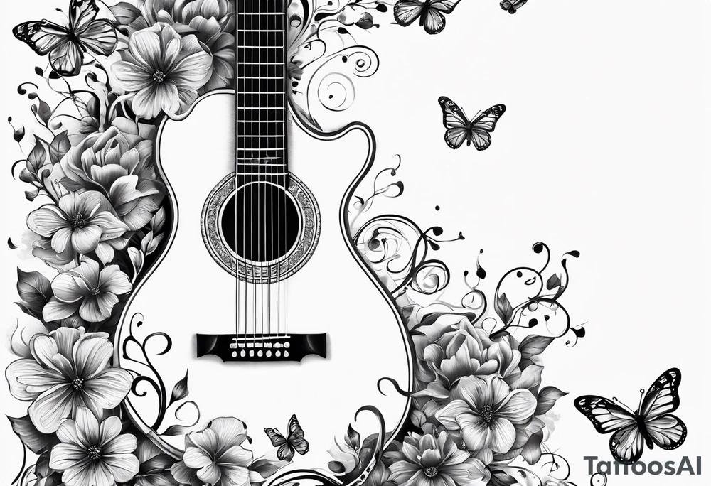 Guitar in shape of treble clef with flowers growing off the side, butterflies, small tattoo idea
