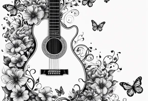 Guitar in shape of treble clef with flowers growing off the side, butterflies, small tattoo idea