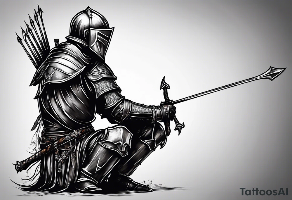 Side profile of a dying knight on his knees with five arrows sticking out of his back tattoo idea