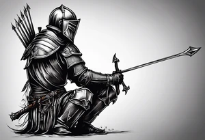Side profile of a dying knight on his knees with five arrows sticking out of his back tattoo idea