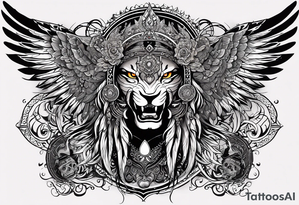 black kali, goddess pirate, alien, angel, pachamama, valkrye, warrior, flying, skull, lotus azul, wing, eagle, zenza resonance, stars, 5D, anahata chakra, death, durga, riding on a tiger, flying lady tattoo idea