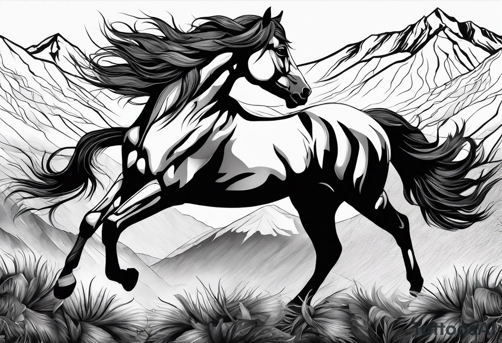 Wild horse, mountain background, feather tattoo idea