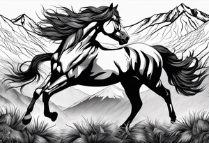 Wild horse, mountain background, feather tattoo idea