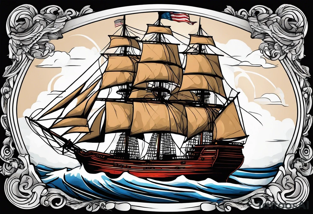 sailing ship in rough seas, front porfile, in oval with rope border, super imposed over crossed cannons, banner at bottom that says US Navy tattoo idea