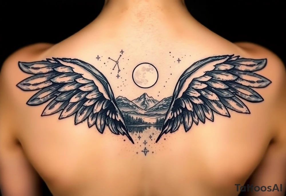 Night sky with constellation, stars & moon seen from a frame of natural landscape angel wings spiritual tattoo idea