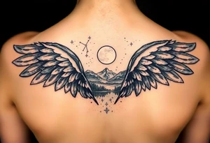 Night sky with constellation, stars  & moon seen from a frame of natural landscape angel wings spiritual tattoo idea