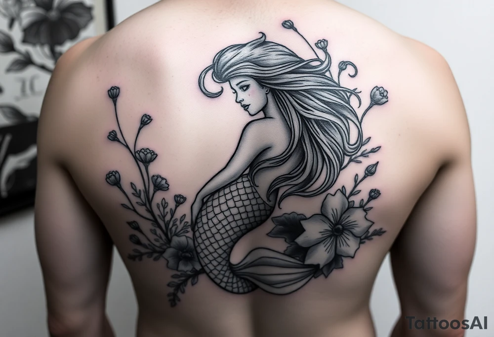 ethereal mermaid with flowing hair among coral and sea flowers tattoo idea