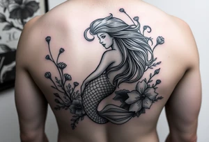 ethereal mermaid with flowing hair among coral and sea flowers tattoo idea