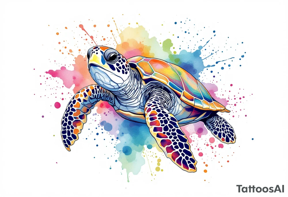 Sea turtle with watercolor background splashes tattoo idea