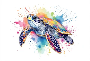 Sea turtle with watercolor background splashes tattoo idea