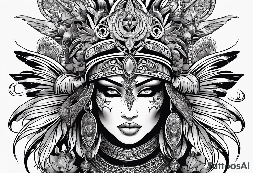 black kali, goddess pirate, alien, pachamama, valkrye, warrior, skull, lotus azul, wing, eagle, zenza resonance, stars, 5D tattoo idea