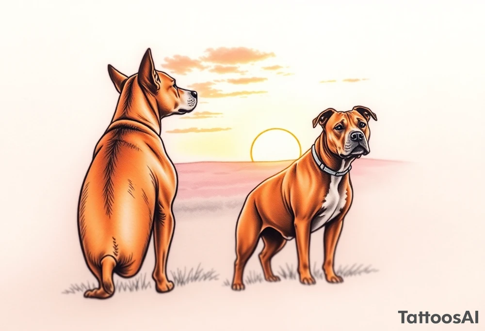a mertle austrailian cattle dog and a tan pitbull standing looking out over into the sunset tattoo idea