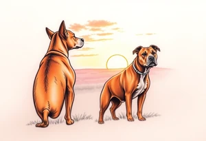 a mertle austrailian cattle dog and a tan pitbull standing looking out over into the sunset tattoo idea