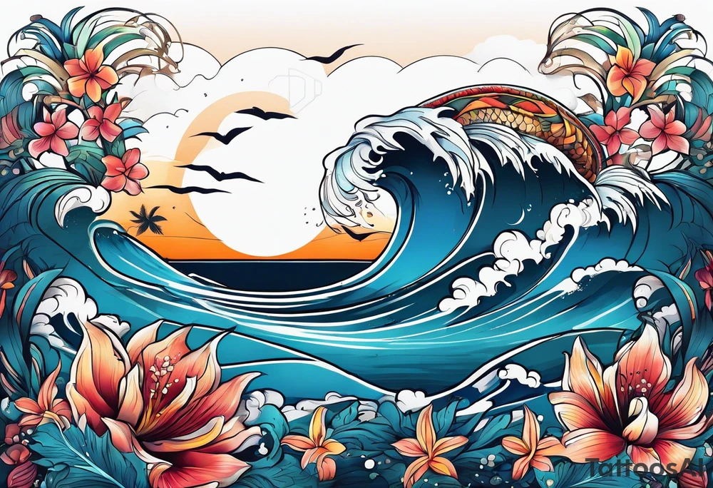 sea, flower, palm, animal tattoo idea